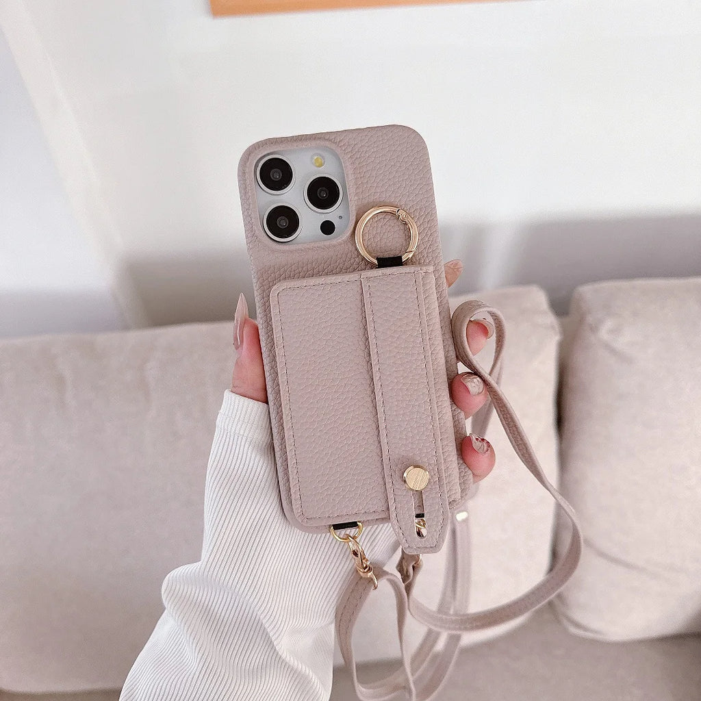 Luxury Shoulder Leather Card Pocket Wallet Case For iPhone 11 12 13 14 15 16 17 Pro Max Plus Purse Phone Cover Wrist Strap Stand
