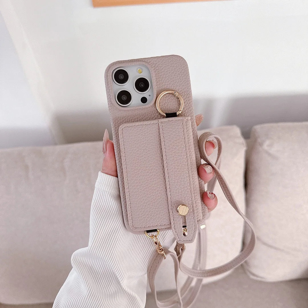 Luxury Shoulder Leather Card Pocket Wallet Case For iPhone 11 12 13 14 15 16 17 Pro Max Plus Purse Phone Cover Wrist Strap Stand