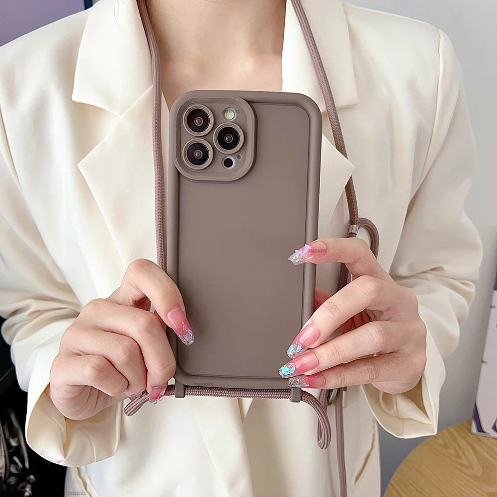 Crossbody Necklace Strap Adjustable Lanyard Silicone Phone Case For iphone 16 15 14 13 12 11 Pro X XR XS Max 7 8 Plus Soft Cover