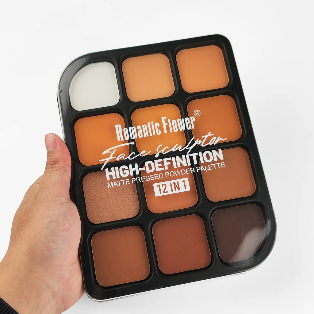 Deep Skin 12-Color Matte Contour Palette - Full Coverage All-In-One Highlighter Shading & Powder Face Makeup Kit