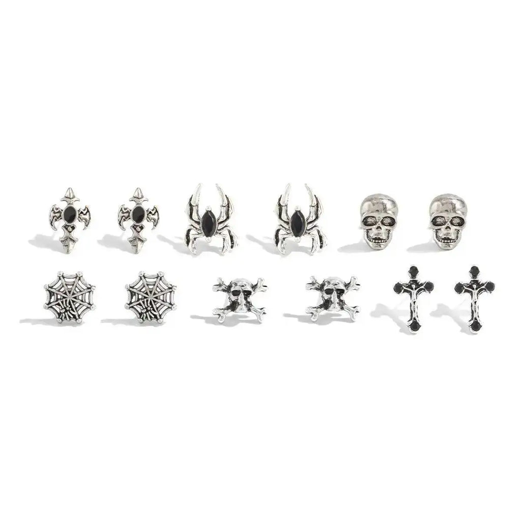 KunJoe 6 Pairs Gothic Spider Cross Skull Earrings for Women Retro Bat Skeleton Stud Earrings Halloween Jewelry Accessories