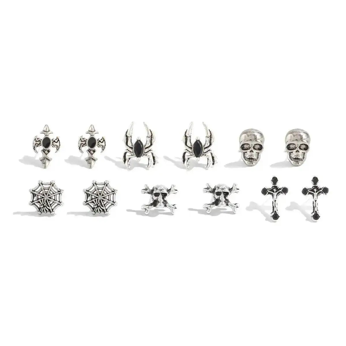 KunJoe 6 Pairs Gothic Spider Cross Skull Earrings for Women Retro Bat Skeleton Stud Earrings Halloween Jewelry Accessories