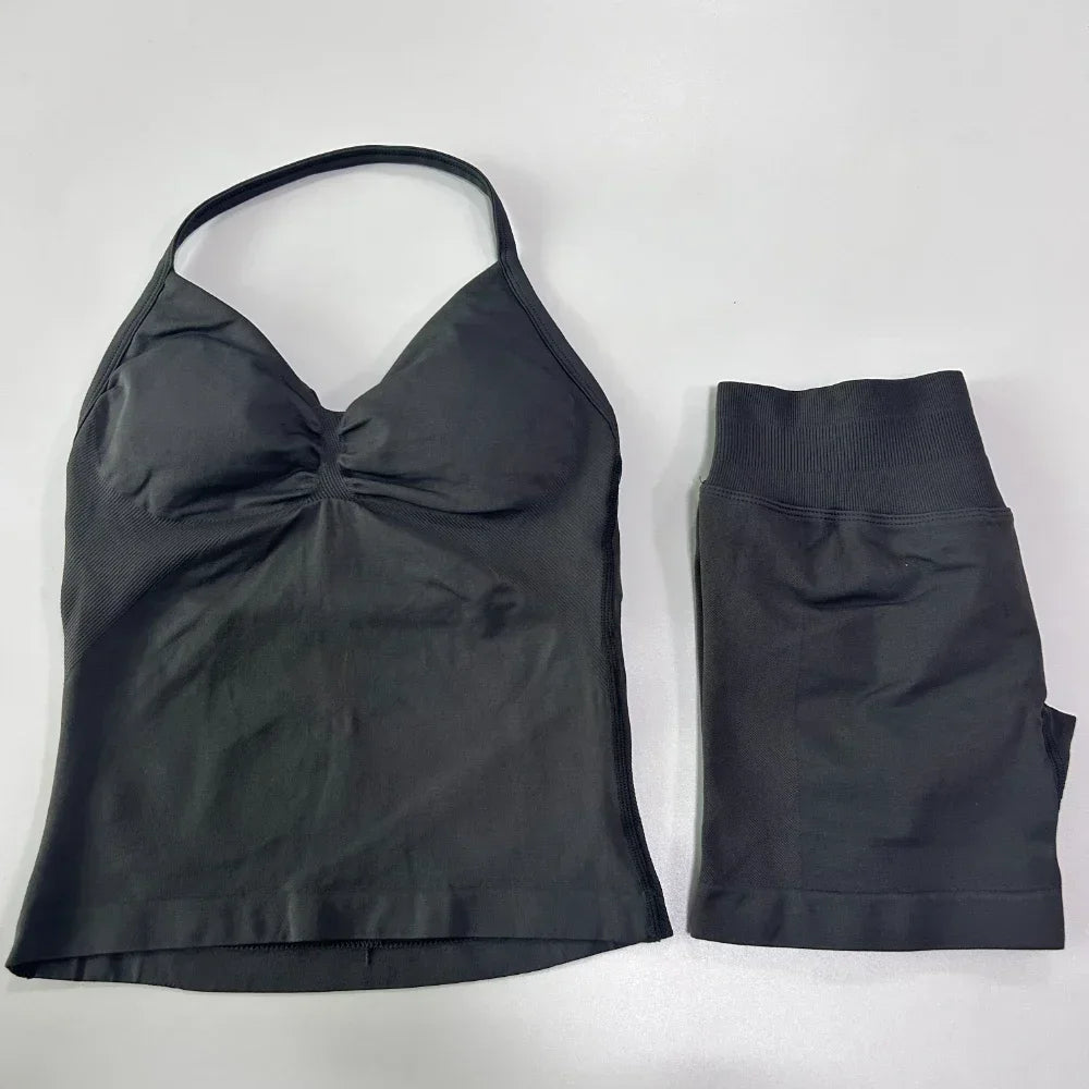 2 Pieces Sports Set Women Backless Tank Tops High Waist Scrunch Seamless Shorts Sport Suit Gym Set Sportswear Workout Set