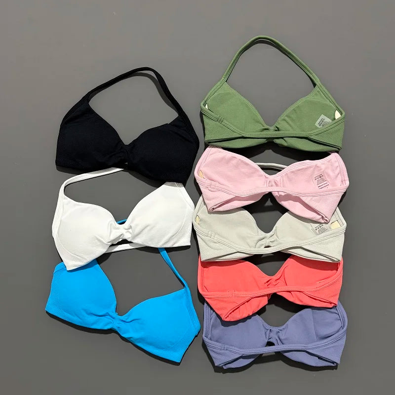 Sports Bra Strappy Backless Yoga Gym Bra Scrunch Push-up Removable Cups Women Workout Clothing Gym Top Halter Sport Bras