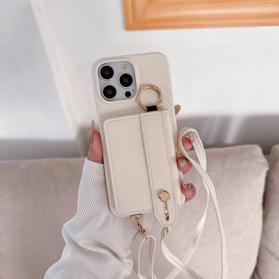 Luxury Shoulder Leather Card Pocket Wallet Case For iPhone 11 12 13 14 15 16 17 Pro Max Plus Purse Phone Cover Wrist Strap Stand