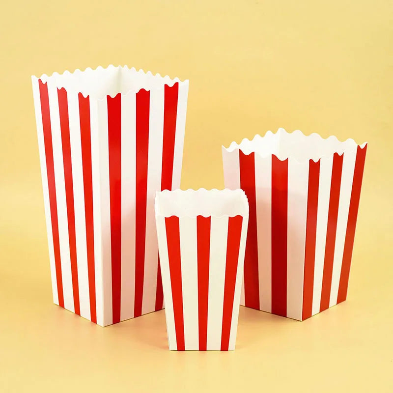 10Pcs Popcorn Paper Boxes Buckets Red White Stripes Bags Snack Containers For Movie Night Birthdays Carnival Party Supplies