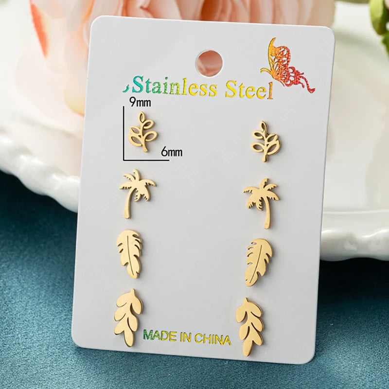 4Pairs/Lot Fashion Stainless Steel Star Moon Stud Earrings Sets for Women Small Flower Porker Dog Earings Jewelry Gift Wholesale