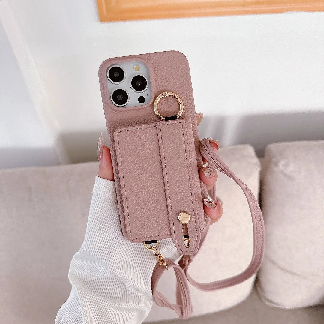 Luxury Shoulder Leather Card Pocket Wallet Case For iPhone 11 12 13 14 15 16 17 Pro Max Plus Purse Phone Cover Wrist Strap Stand