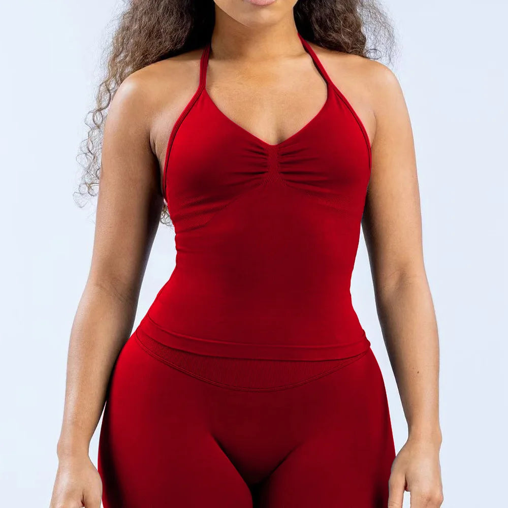 2 Pieces Impact Sports Set Women Backless Tank Yoga Tops High Waist Scrunch Seamless Shorts Sport Gym Set Sportswear Workout Set