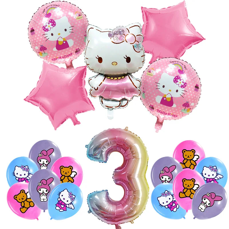 Hello Kitty Birthday Party Decoration Cartoon Cat Kids Aluminum Foil Balloon Disposable Tableware Banner Child Event Supplies