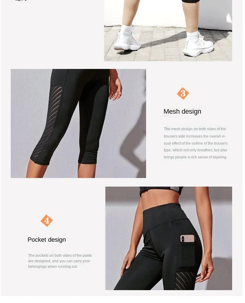Women Sport Shorts cropped pants Fitness Nudity High Waist Hip Lift Running Yoga Side Pockets Tights Quick Dry Gym Sportswear