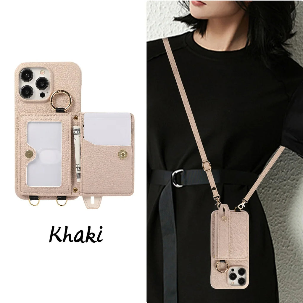 Luxury Shoulder Leather Card Pocket Wallet Case For iPhone 11 12 13 14 15 16 17 Pro Max Plus Purse Phone Cover Wrist Strap Stand