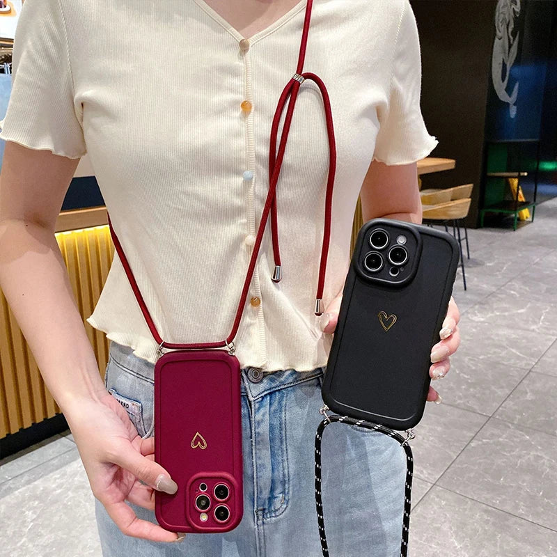 Crossbody Love Phone Cases for IPhone 17 16 Pro Max 15 14 13 12 11 With Lanyard Silicone Back Cover
