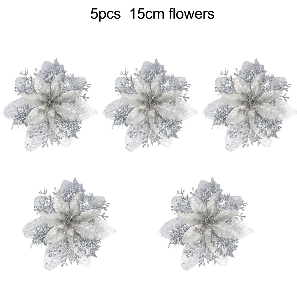 5-20pcs Sparkling Red Golden Silver Poinsettia Artificial Flowers Christmas Tree Ornaments for Xmas New Year party Decoration