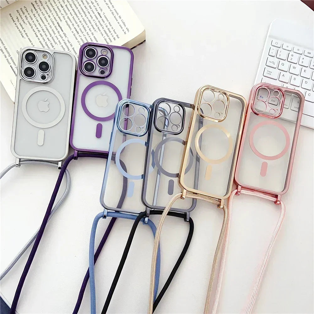 Crossboby Lanyard Plating Clear Phone Case For iPhone 17 Air 16E 16 15 14 13 12 Pro Max For Magsafe Magnetic Necklace Cord Cover