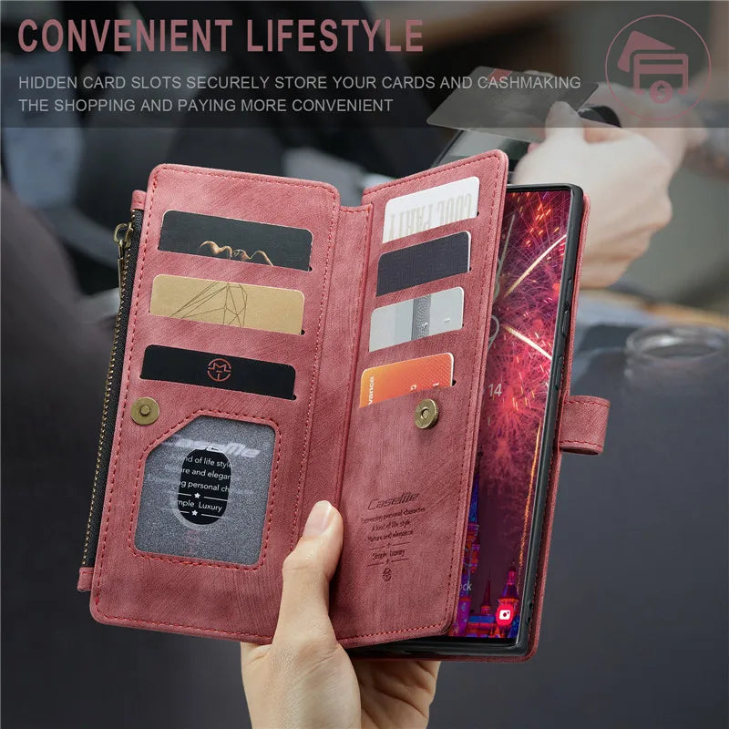 Flip Leather Phone Case For Samsung Galaxy S25 Edge S24 Ultra S23 FE S22 S21 S20 Plus Note 20 A16 A56 Zipper Wallet Card Cover