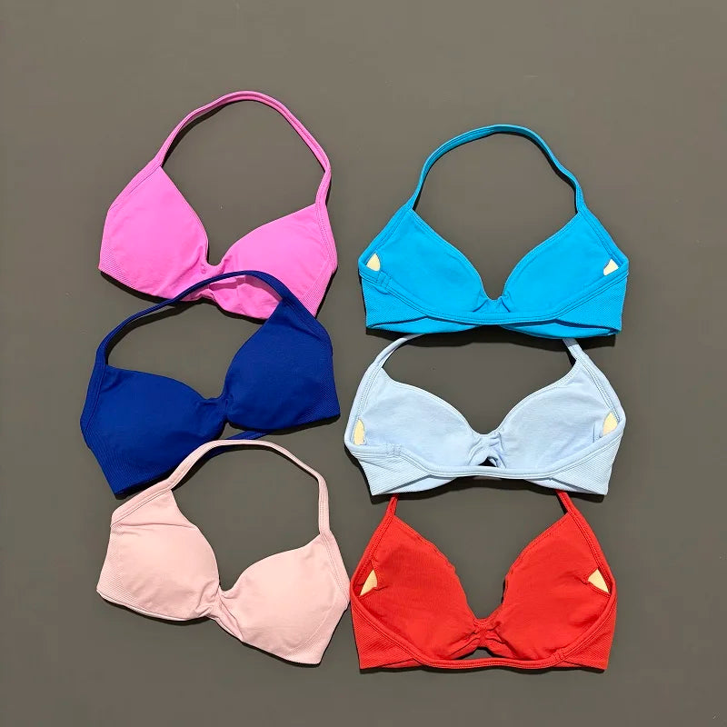 Sports Bra Strappy Backless Yoga Gym Bra Scrunch Push-up Removable Cups Women Workout Clothing Gym Top Halter Sport Bras