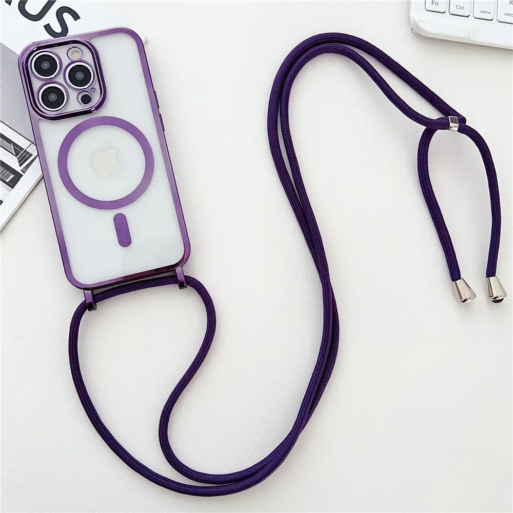 Crossboby Lanyard Plating Clear Phone Case For iPhone 17 Air 16E 16 15 14 13 12 Pro Max For Magsafe Magnetic Necklace Cord Cover