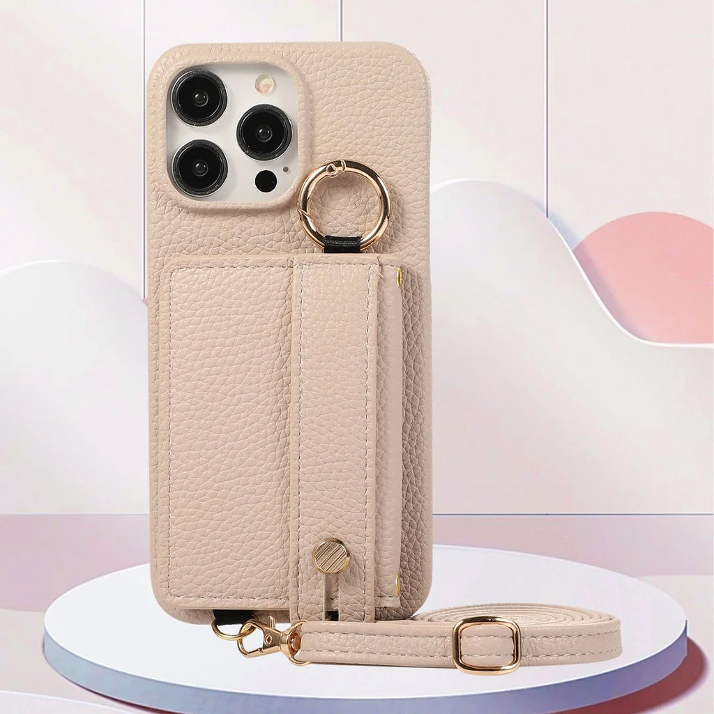 Luxury Shoulder Leather Card Pocket Wallet Case For iPhone 11 12 13 14 15 16 17 Pro Max Plus Purse Phone Cover Wrist Strap Stand