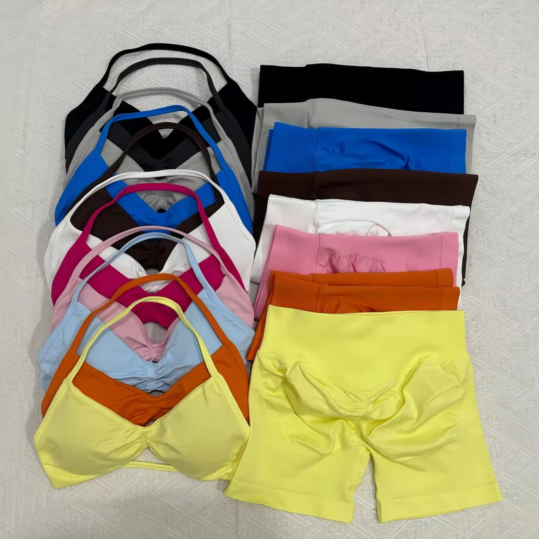 2 Pieces Sports Set Women Backless Tank Tops High Waist Scrunch Seamless Shorts Sport Suit Gym Set Sportswear Workout Set