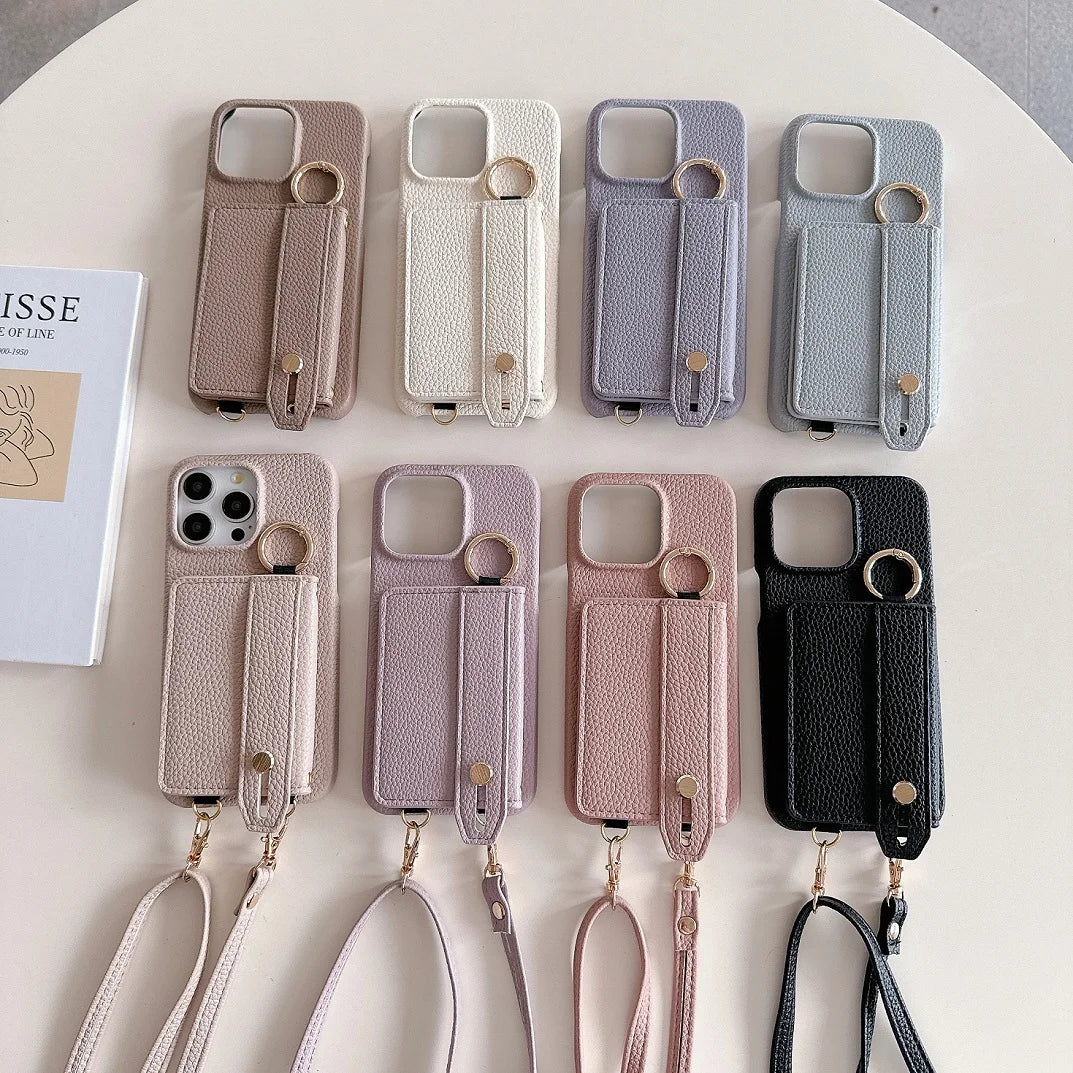 Luxury Shoulder Leather Card Pocket Wallet Case For iPhone 11 12 13 14 15 16 17 Pro Max Plus Purse Phone Cover Wrist Strap Stand