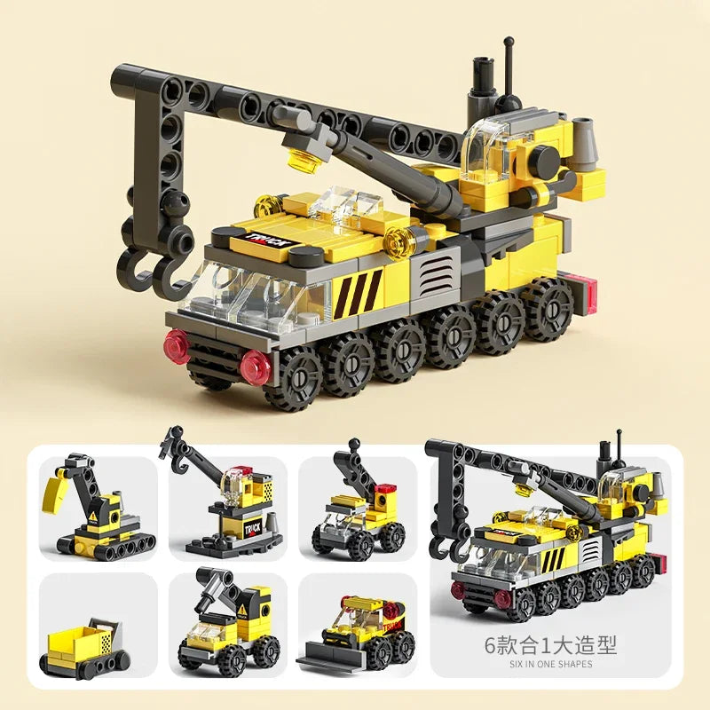 6IN1 Building Blocks City Fire Car Police Truck Engineering Crane Tank Helicopter Bricks Set Toys for Children Kids