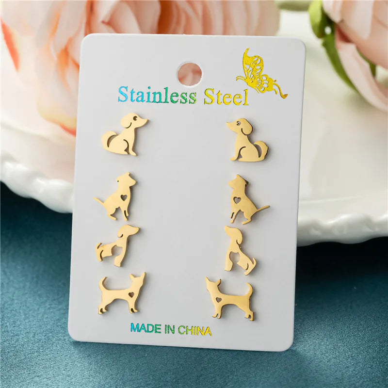 4Pairs/Lot Fashion Stainless Steel Star Moon Stud Earrings Sets for Women Small Flower Porker Dog Earings Jewelry Gift Wholesale