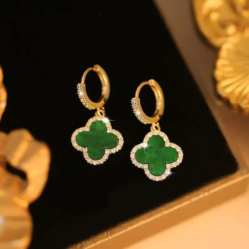 Green Four-leaf Clover Earrings Women's Gentle Fashionable Jewelry Ear Studs Autumn Winter Stylish Korean Trend