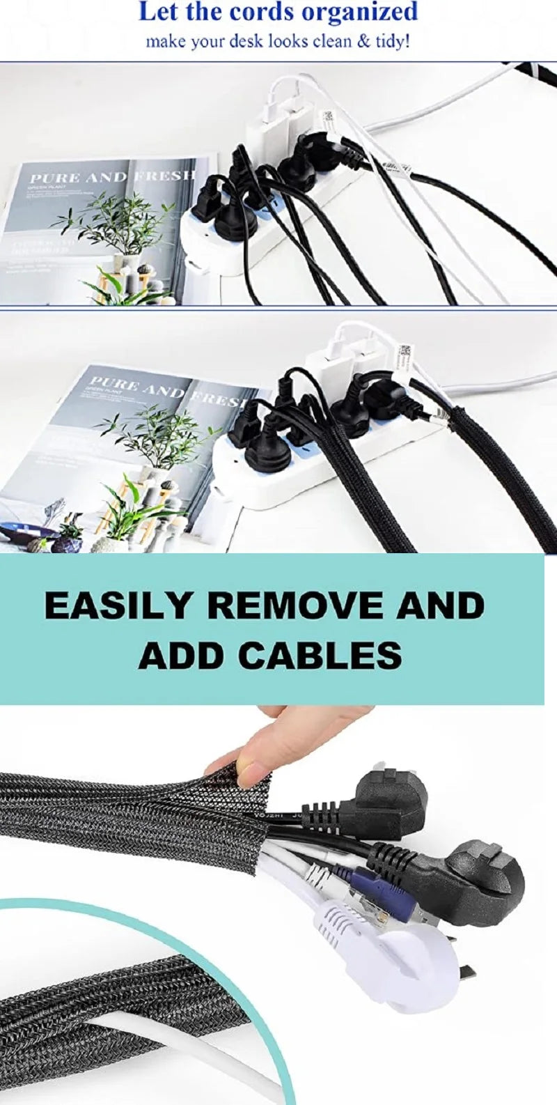 1M 3M 5M Braided Cable Sleeve PET Nylon Wrapping Cable Casing Cable Sleeves Wire for Desk PC TV Wire Protector Cable Wrap Cover