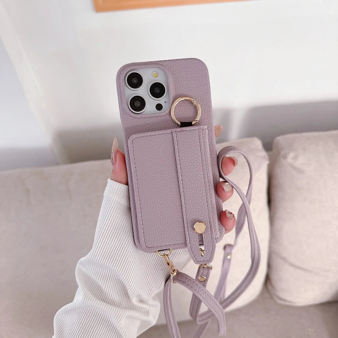 Luxury Shoulder Leather Card Pocket Wallet Case For iPhone 11 12 13 14 15 16 17 Pro Max Plus Purse Phone Cover Wrist Strap Stand