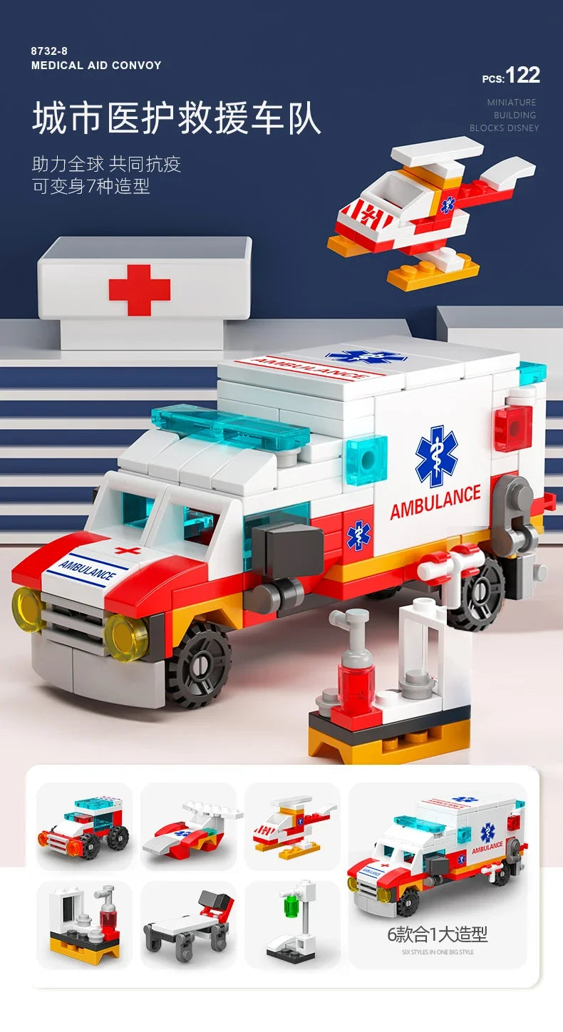 6IN1 Building Blocks City Fire Car Police Truck Engineering Crane Tank Helicopter Bricks Set Toys for Children Kids