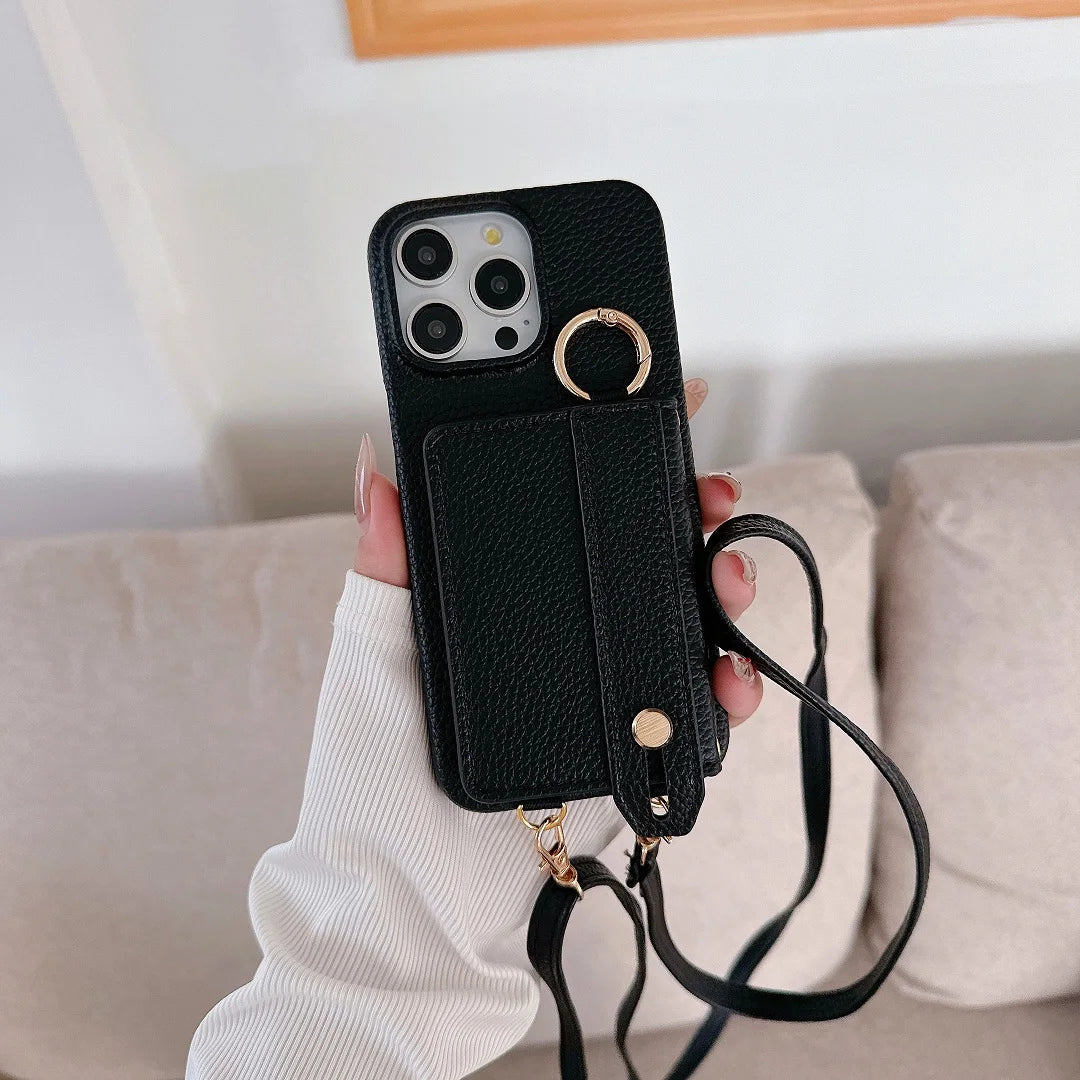 Luxury Shoulder Leather Card Pocket Wallet Case For iPhone 11 12 13 14 15 16 17 Pro Max Plus Purse Phone Cover Wrist Strap Stand