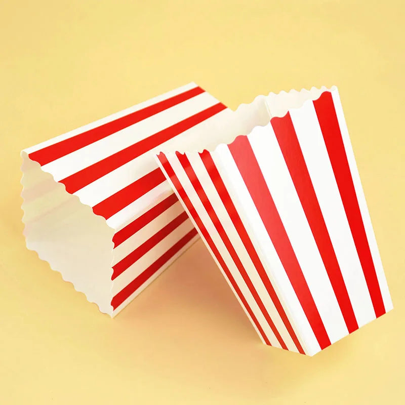 10Pcs Popcorn Paper Boxes Buckets Red White Stripes Bags Snack Containers For Movie Night Birthdays Carnival Party Supplies
