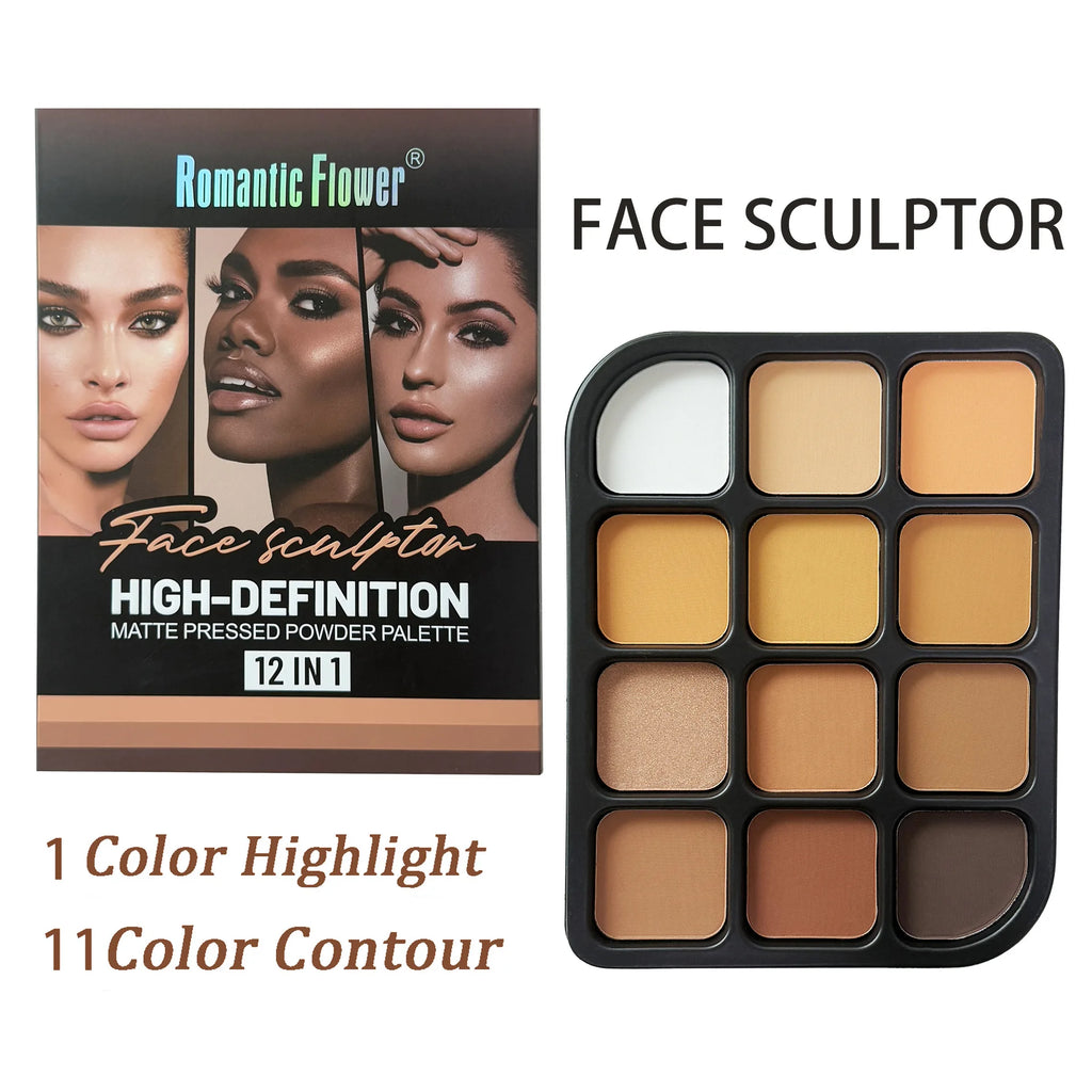 Deep Skin 12-Color Matte Contour Palette - Full Coverage All-In-One Highlighter Shading & Powder Face Makeup Kit