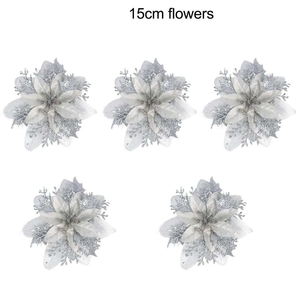 5-20pcs Sparkling Red Golden Silver Poinsettia Artificial Flowers Christmas Tree Ornaments for Xmas New Year party Decoration