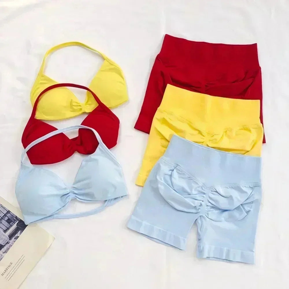 2 Pieces Sports Set Women Backless Tank Tops High Waist Scrunch Seamless Shorts Sport Suit Gym Set Sportswear Workout Set