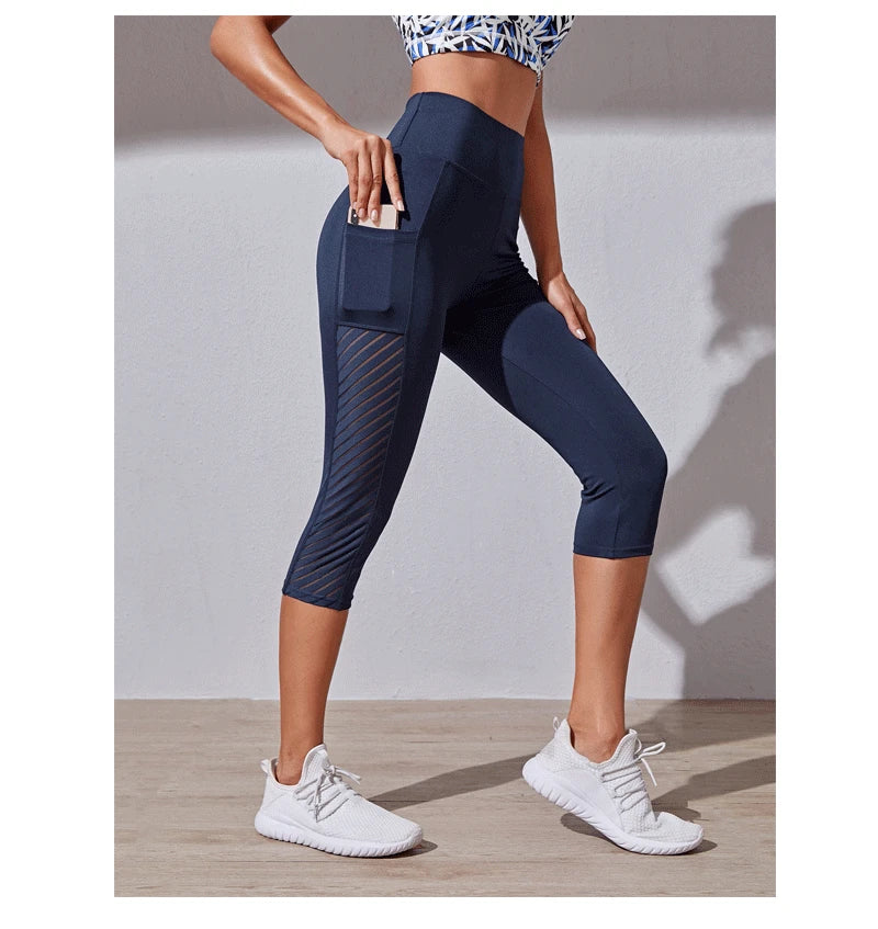 Women Sport Shorts cropped pants Fitness Nudity High Waist Hip Lift Running Yoga Side Pockets Tights Quick Dry Gym Sportswear