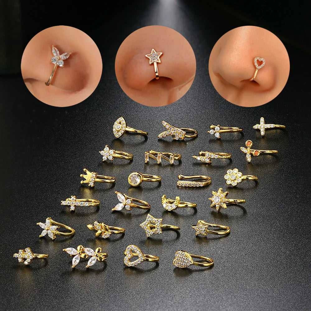 Fake Piercing Clip Nose Ring Cuff Body Jewelry for Women New Trend 1PCS Ear Cuffs Heart Star Flowers Butterfly Clip Rings KAE197