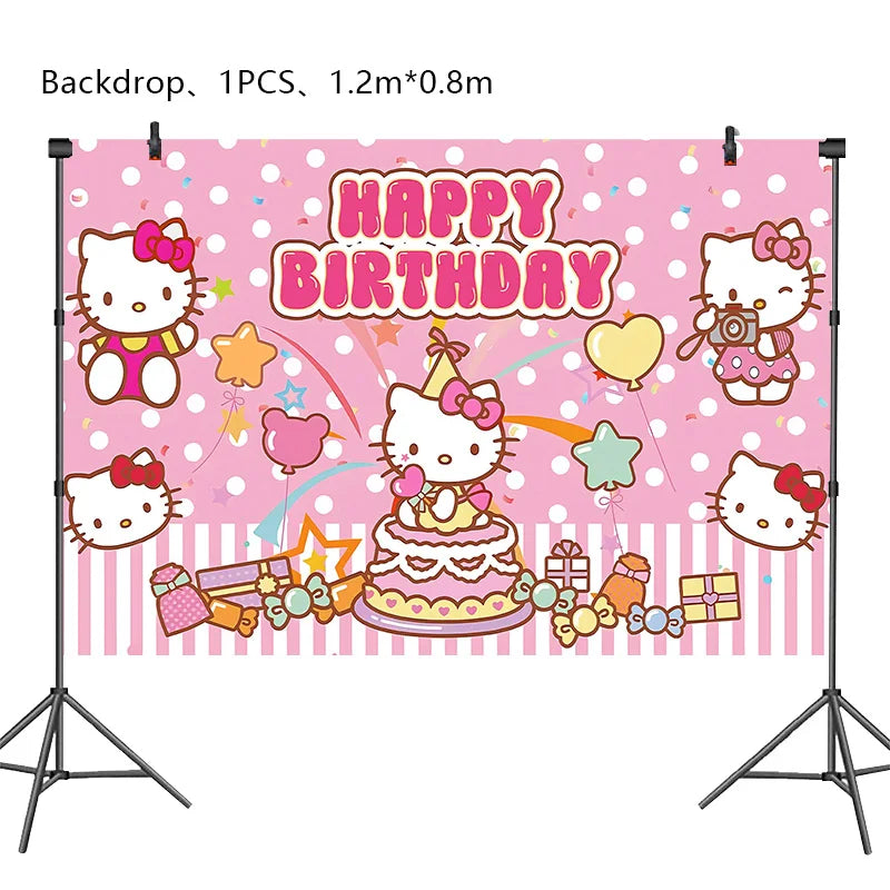 Hello Kitty Birthday Party Decoration Cartoon Cat Kids Aluminum Foil Balloon Disposable Tableware Banner Child Event Supplies