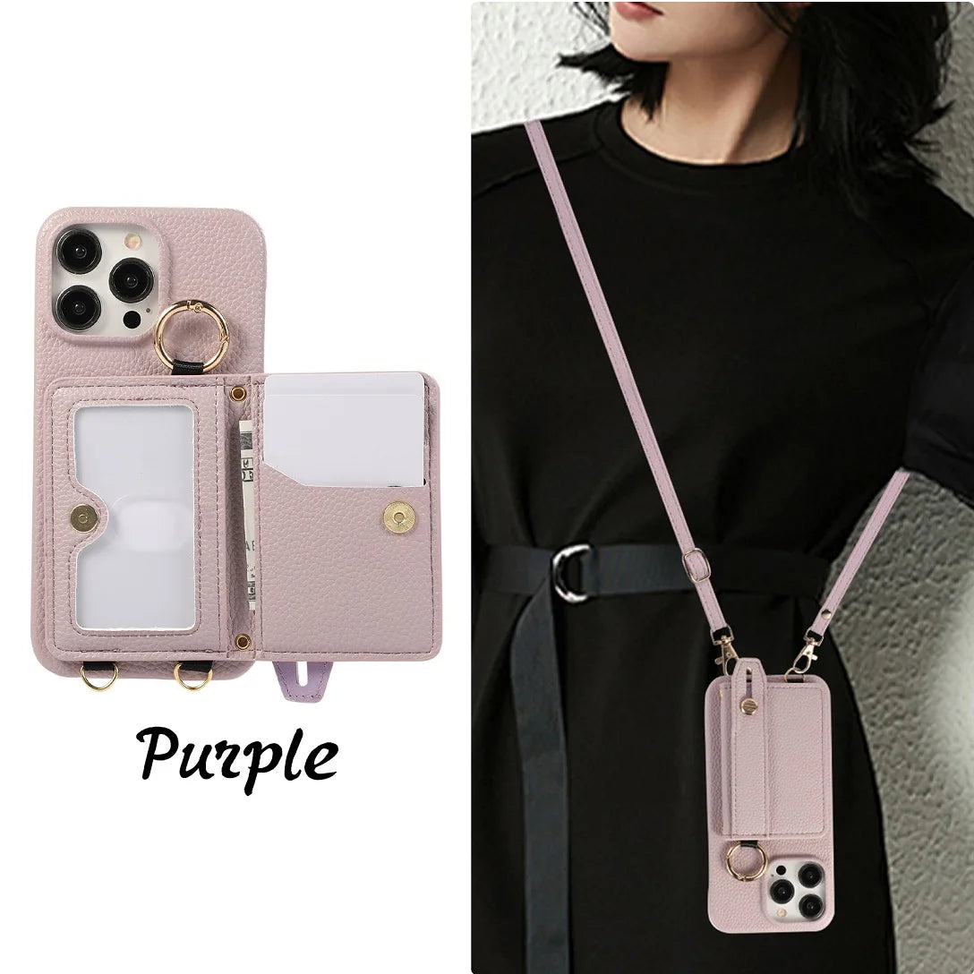 Luxury Shoulder Leather Card Pocket Wallet Case For iPhone 11 12 13 14 15 16 17 Pro Max Plus Purse Phone Cover Wrist Strap Stand