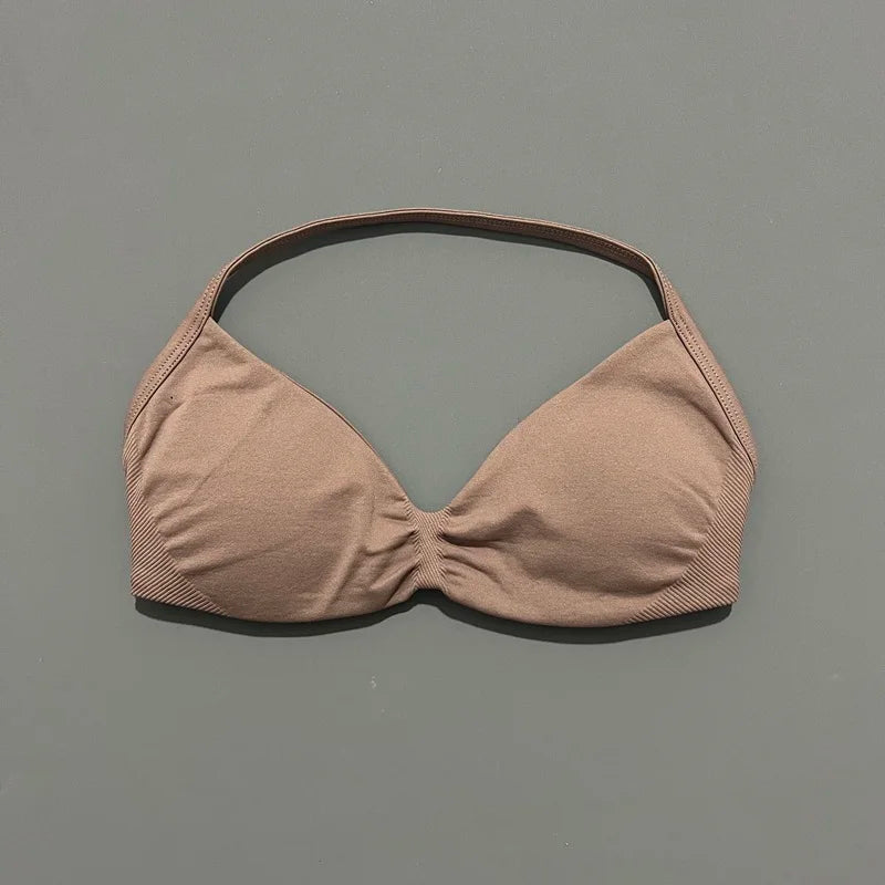 Sports Bra Strappy Backless Yoga Gym Bra Scrunch Push-up Removable Cups Women Workout Clothing Gym Top Halter Sport Bras