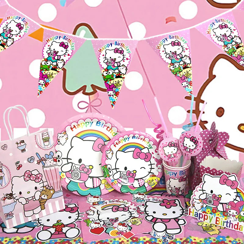 Hello Kitty Birthday Party Decoration Cartoon Cat Kids Aluminum Foil Balloon Disposable Tableware Banner Child Event Supplies