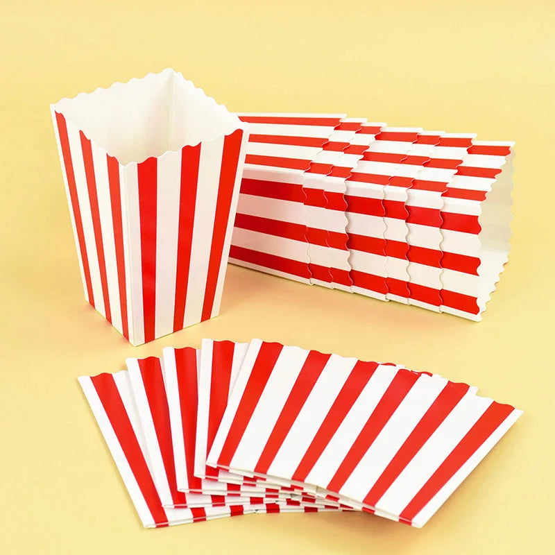10Pcs Popcorn Paper Boxes Buckets Red White Stripes Bags Snack Containers For Movie Night Birthdays Carnival Party Supplies