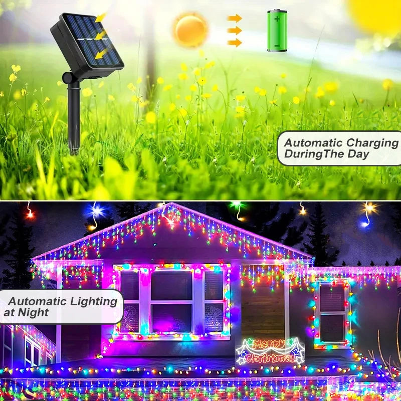 NEW 162/96LED Solar Icicle Outdoor Christmas Lights 8 Modes Waterproof Fairy Lights for Home Party Halloween Holiday Decoration