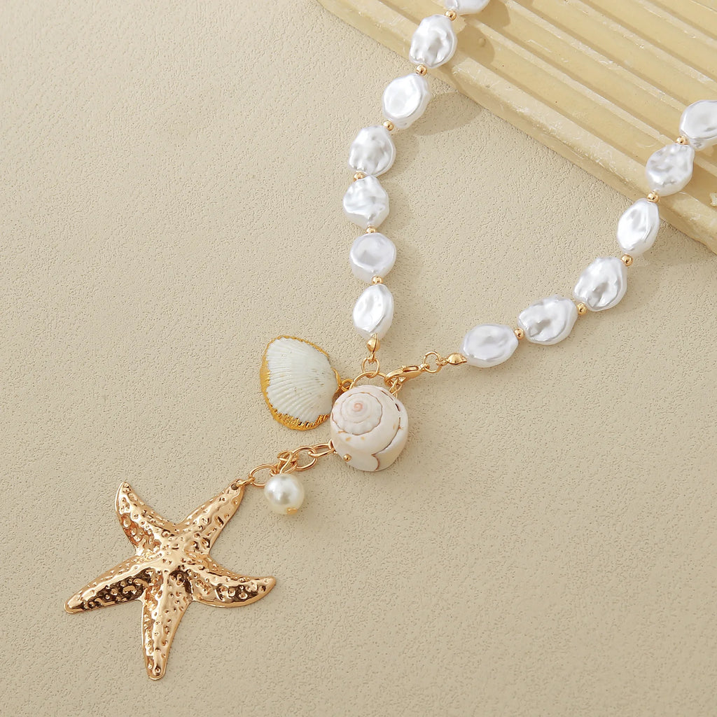 MHS.SUN Summer Shell Starfish Conch Pendant Necklace for Women Bohemian Metal Gold Color Chic Beach Jewelry Vacation Party Gift