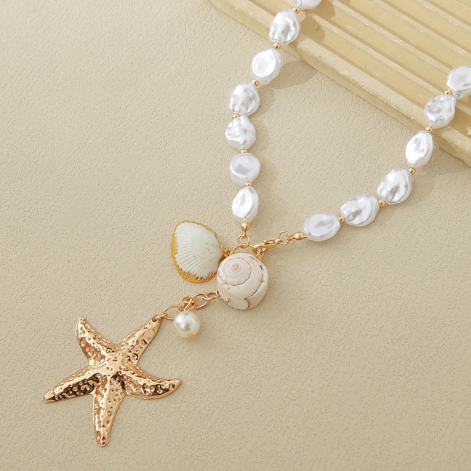 MHS.SUN Summer Shell Starfish Conch Pendant Necklace for Women Bohemian Metal Gold Color Chic Beach Jewelry Vacation Party Gift
