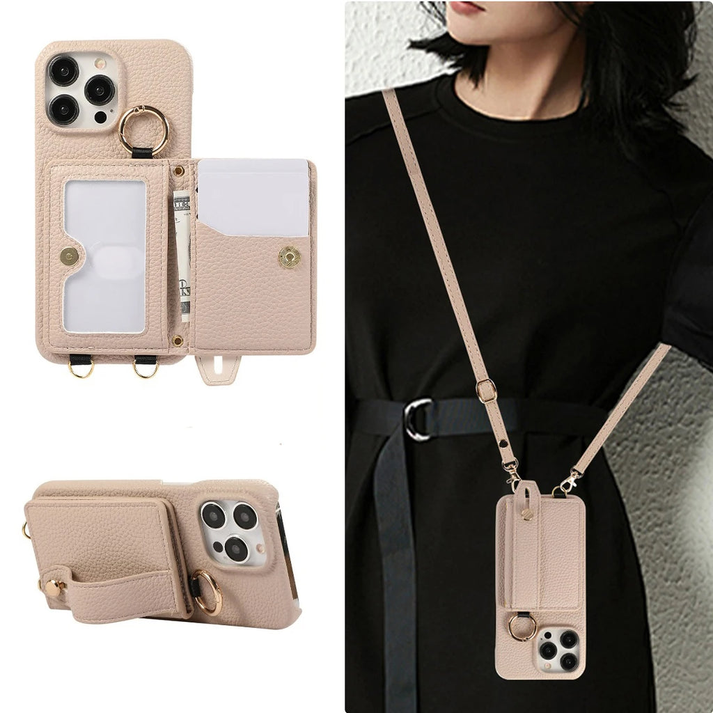 Luxury Shoulder Leather Card Pocket Wallet Case For iPhone 11 12 13 14 15 16 17 Pro Max Plus Purse Phone Cover Wrist Strap Stand