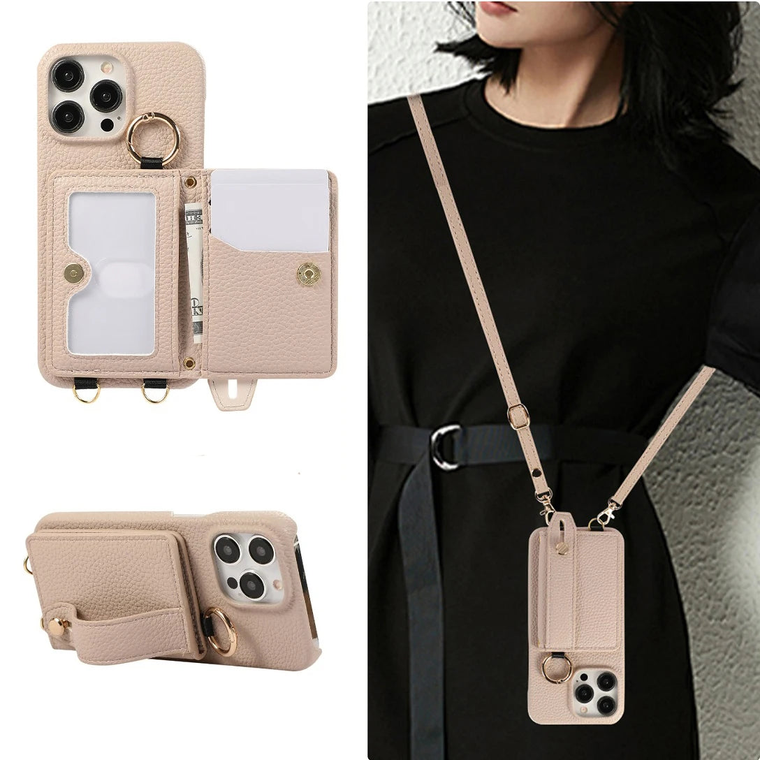 Luxury Shoulder Leather Card Pocket Wallet Case For iPhone 11 12 13 14 15 16 17 Pro Max Plus Purse Phone Cover Wrist Strap Stand