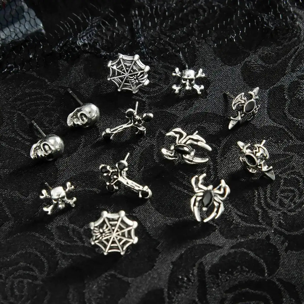 KunJoe 6 Pairs Gothic Spider Cross Skull Earrings for Women Retro Bat Skeleton Stud Earrings Halloween Jewelry Accessories