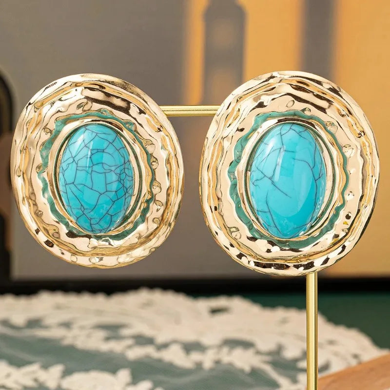 stud earrings for women Exaggerated large size Metal turquoise simple style ear accessories party OL fashion jewelry E520